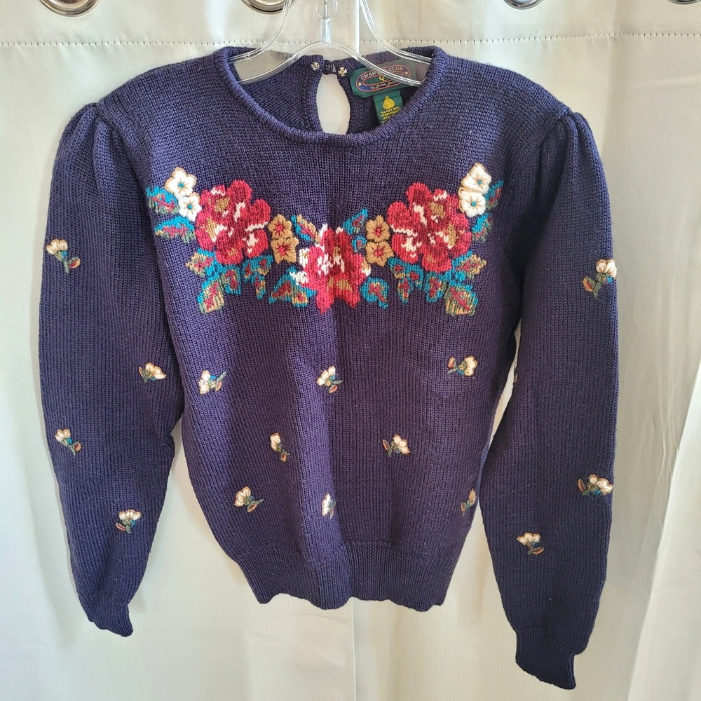 Vintage Womens Sweater Small Embroidered Floral Wool Puff Sleeve Preppy 21829